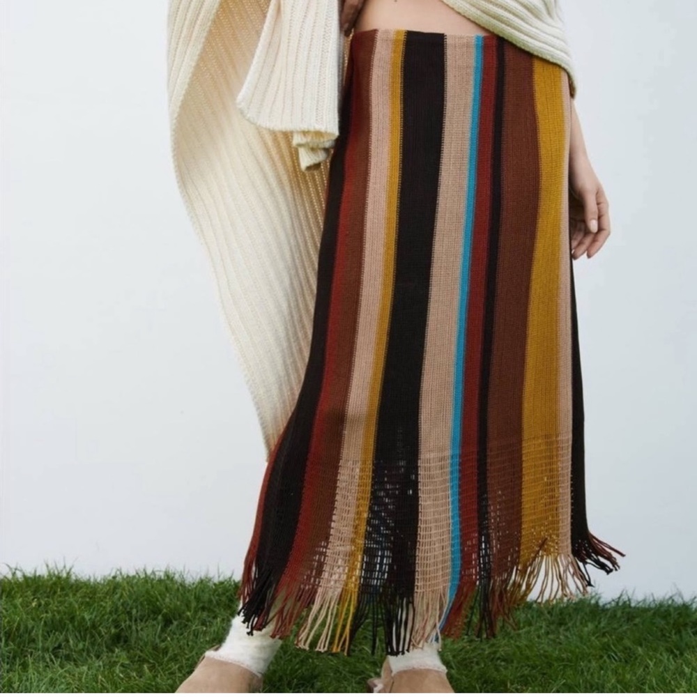 Zara Striped Knit Fringe High-Rise Midi Skirt